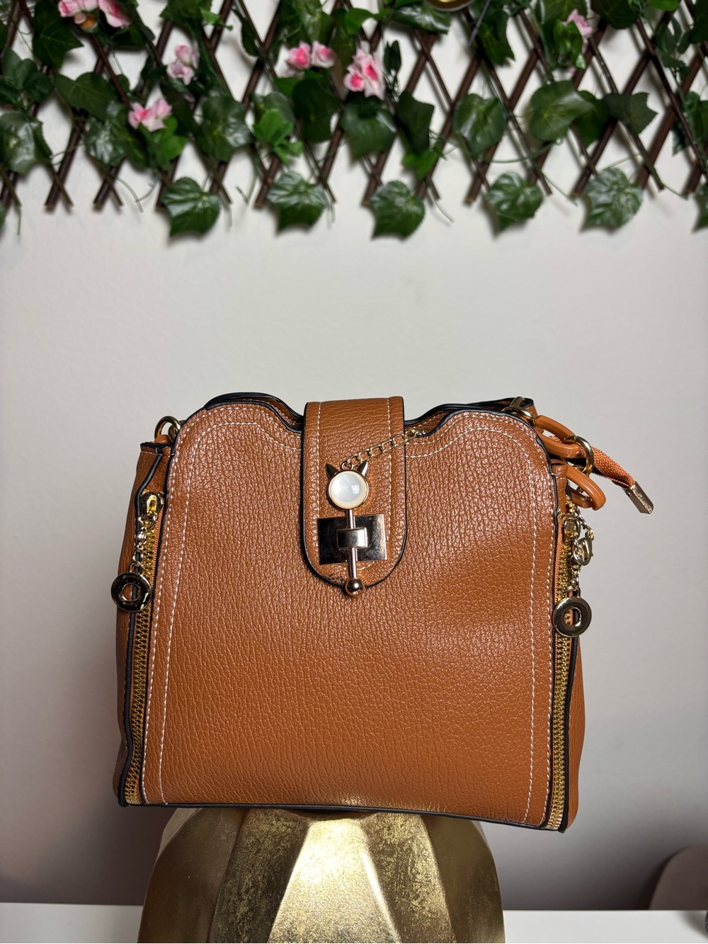 Women's Tan Leatherette Crossbody Bag with Gold Hardware